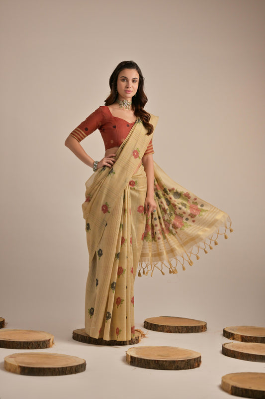 Cream Soft Muga Cotton Saree With Blouse