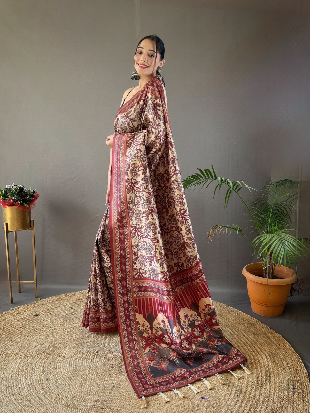 Cream Digital Print Semi Silk Saree with Soft Weaves