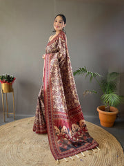 Cream Digital Print Semi Silk Saree with Soft Weaves, Elegant Pallu & Border, Tassels, and Unstitched Blouse Piece.