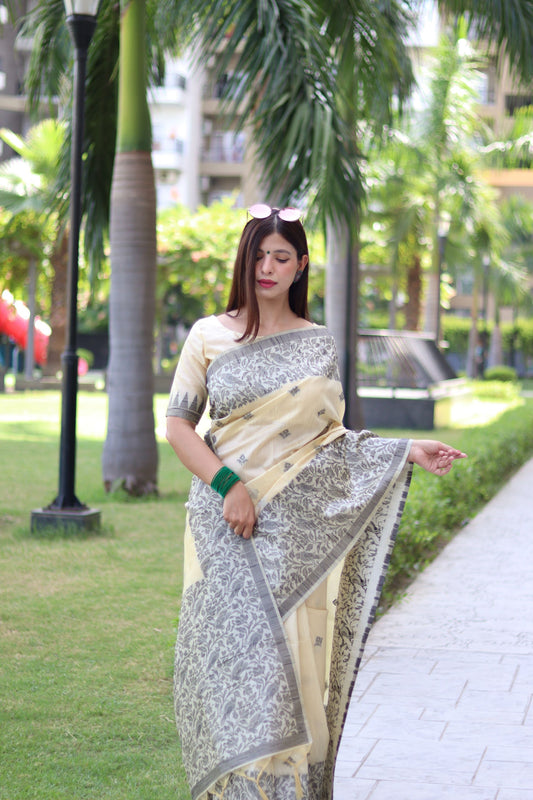 Cream Bangalore Handloom Raw Silk Saree with Running Blouse