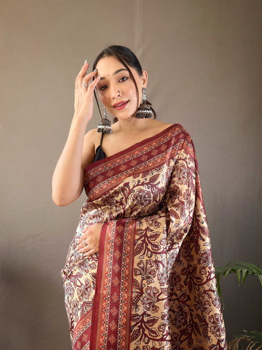 Cream Digital Print Semi Silk Saree with Soft Weaves