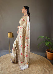 Cream Tussar Silk Saree with Embroidery Design