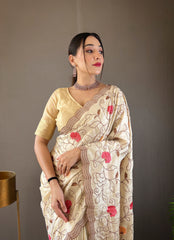 Cream Tussar Silk Saree with Embroidery Design