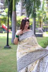 Cream Bangalore Handloom Raw Silk Saree with Running Blouse