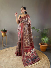 Cream Digital Print Semi Silk Saree with Soft Weaves, Elegant Pallu & Border, Tassels, and Unstitched Blouse Piece.