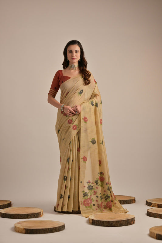 Cream Soft Muga Cotton Saree With Blouse