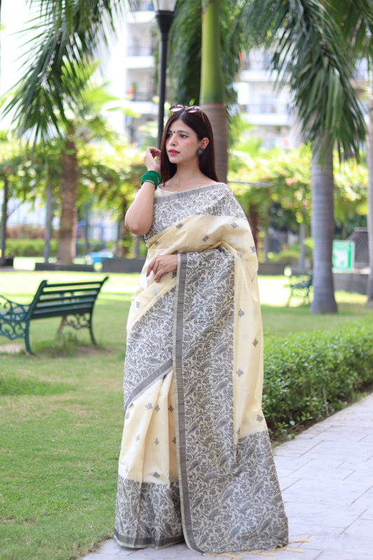 Cream Bangalore Handloom Raw Silk Saree with Running Blouse