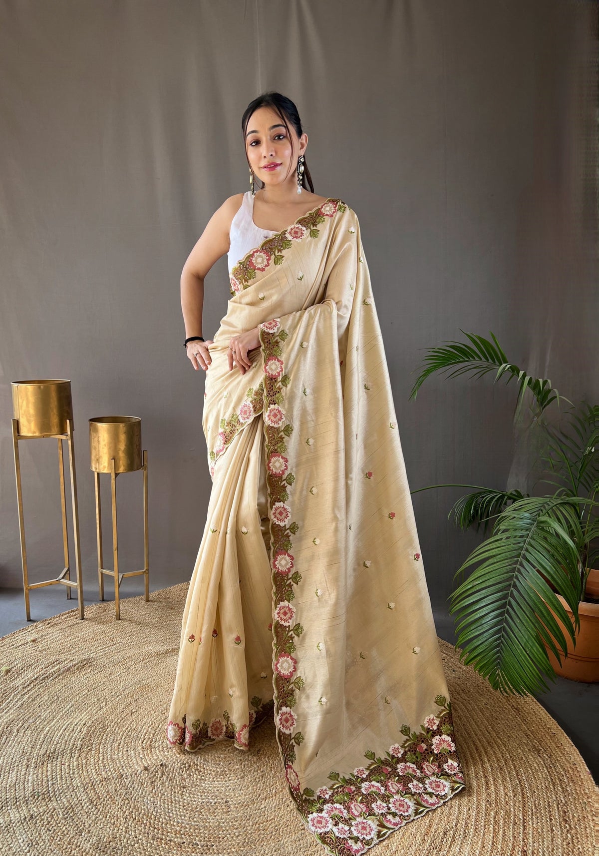 Cream Pure Tussar Silk Saree with Embroidery Work