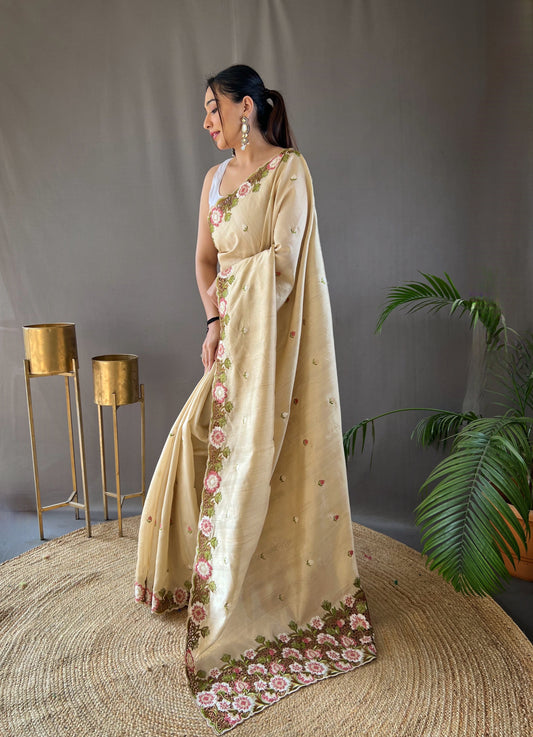 Cream Pure Tussar Silk Saree with Embroidery Work