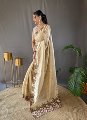 Cream Pure Tussar Silk Saree with Embroidery Work