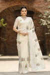 Cream Pure Shiny Zari Chiffon Saree with Intricate Cutwork and Embroidery