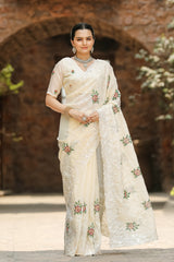 Cream Pure Shiny Zari Chiffon Saree with Intricate Cutwork and Embroidery