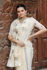 Cream Pure Shiny Zari Chiffon Saree with Intricate Cutwork and Embroidery