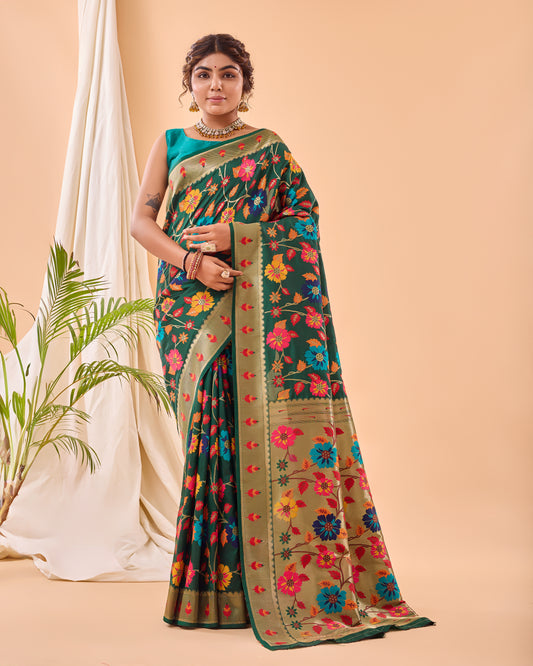 Dark Green Pure Paithani Silk Saree with Jaal Design