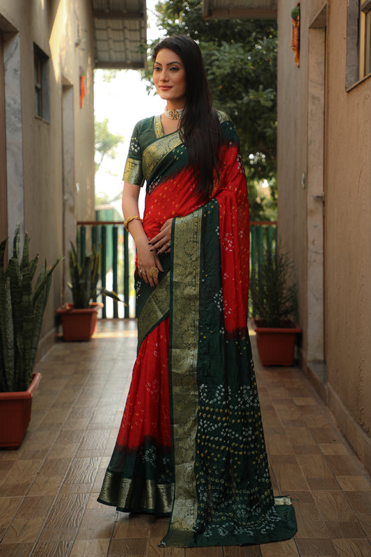 Premium Dark Green Dual Color Bandhej Tapeta Silk Saree – Lightweight with Zari Weaving Border, Broad Bandhej Pallu & Zari Border Blouse.