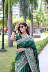 Dark Green Bangalore Handloom Raw Silk Saree With Running Blouse