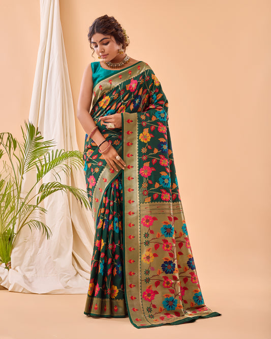 Dark Green Pure Paithani Silk Saree with Jaal Design