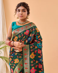 Dark Green Pure Paithani Silk Saree with Jaal Design and Meenakari Work, Paithani Border, and Rich Pallu – Includes Unstitched Blouse Piece.