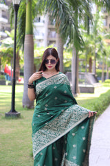 Dark Green Bangalore Handloom Raw Silk Saree With Running Blouse