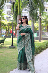 Dark Green Bangalore Handloom Raw Silk Saree With Running Blouse