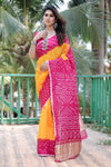 Premium Dark Pink Pure Bandhej Silk Saree with Zari Weaving, Rich Tissue Pallu & Unstitched Blouse Piece.