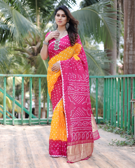 Premium Dark Pink Pure Bandhej Silk Saree with Zari Weaving, Rich Tissue Pallu & Unstitched Blouse Piece.