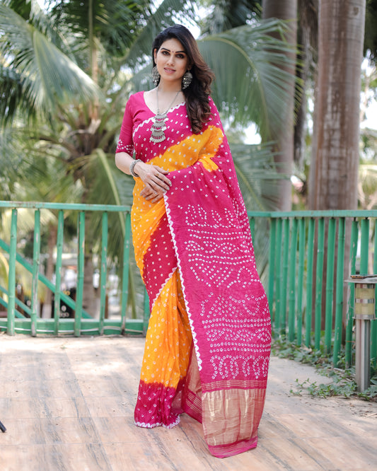 Dark Pink Pure Bandhej Silk Saree With Tissue Pallu