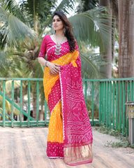 Premium Dark Pink Pure Bandhej Silk Saree with Zari Weaving, Rich Tissue Pallu & Unstitched Blouse Piece.