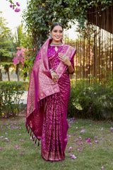 Dark Pink Kanjivaram Soft Satin Silk Saree For Women