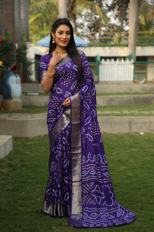 Dark Blue Handmade Bandhej Silk Saree With Matching Blouse