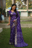 Dark Blue Handmade Bandhej Silk Saree With Matching Blouse