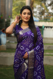 Dark Blue Handmade Bandhej Silk Saree With Matching Blouse