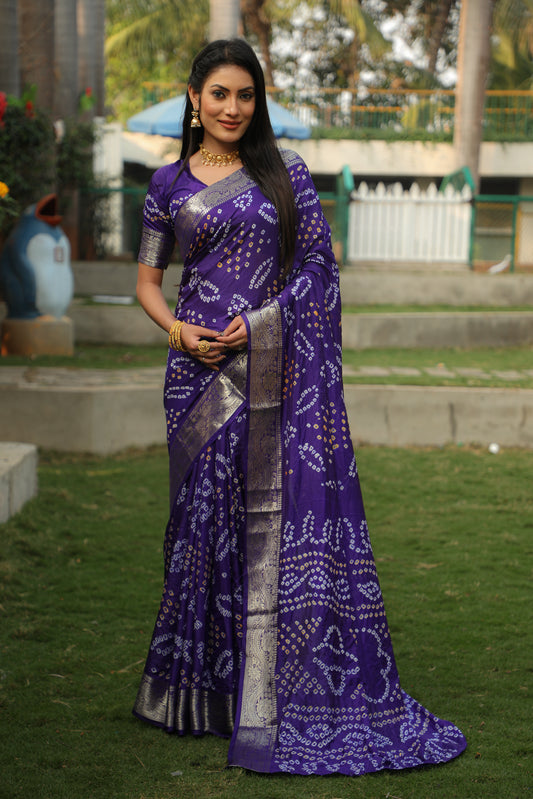 Dark Blue Handmade Bandhej Silk Saree With Matching Blouse