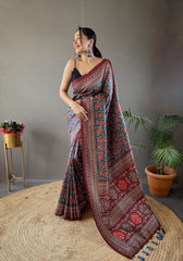 Blue Digital Print Semi Silk Saree with Soft Weaves, Elegant Pallu & Border, Tassels, and Unstitched Blouse Piece.