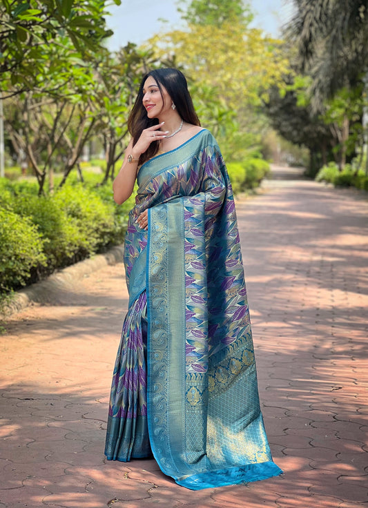 Blue Kanchipattu Silk Saree For Women