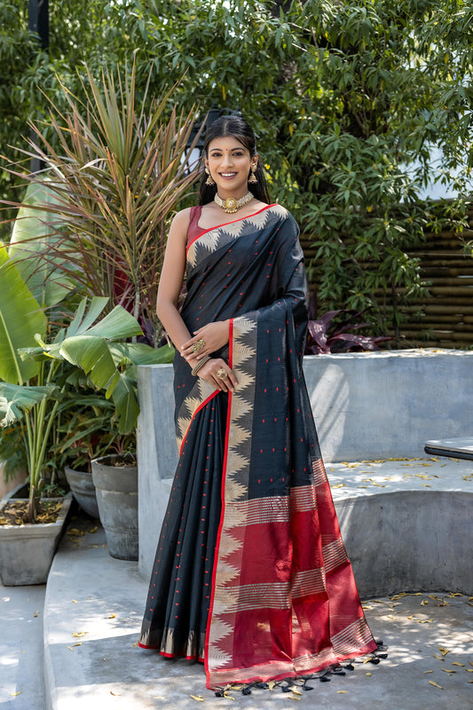 Black Semi Tussar Silk Saree with Bandhani Butti Weaves