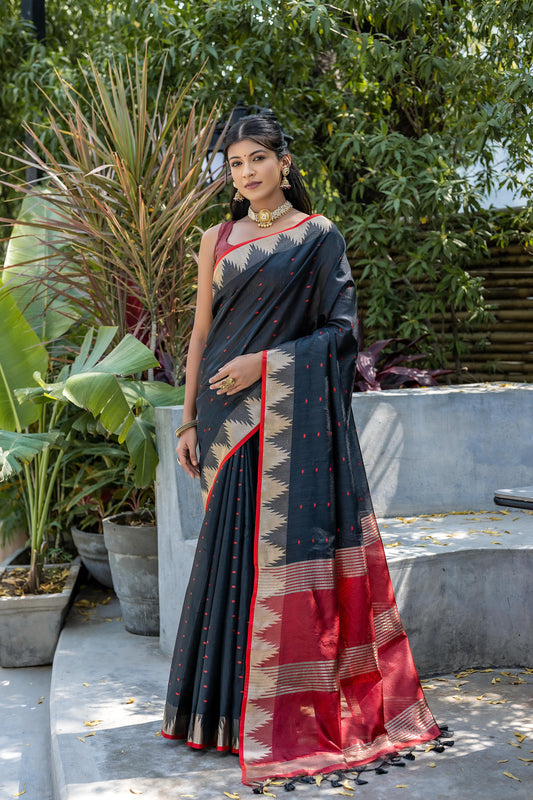 Black Semi Tussar Silk Saree with Bandhani Butti Weaves