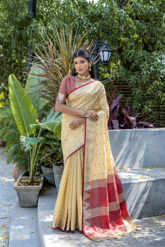 Cream Semi Tussar Silk Saree with Bandhani Butti Weaves