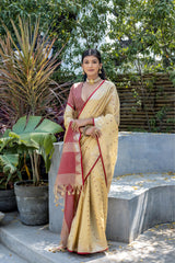 Cream Semi Tussar Silk Saree with Bandhani Butti Weaves