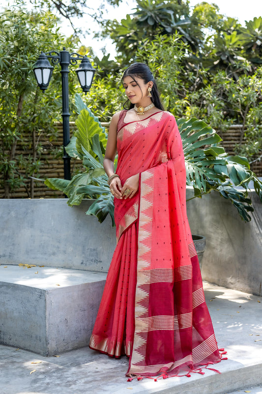 Red Semi Tussar Silk Saree with Bandhani Butti Weaves