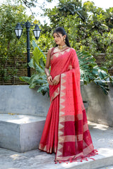 Red Semi Tussar Silk Saree with Bandhani Butti Weaves