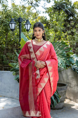 Red Semi Tussar Silk Saree with Bandhani Butti Weaves