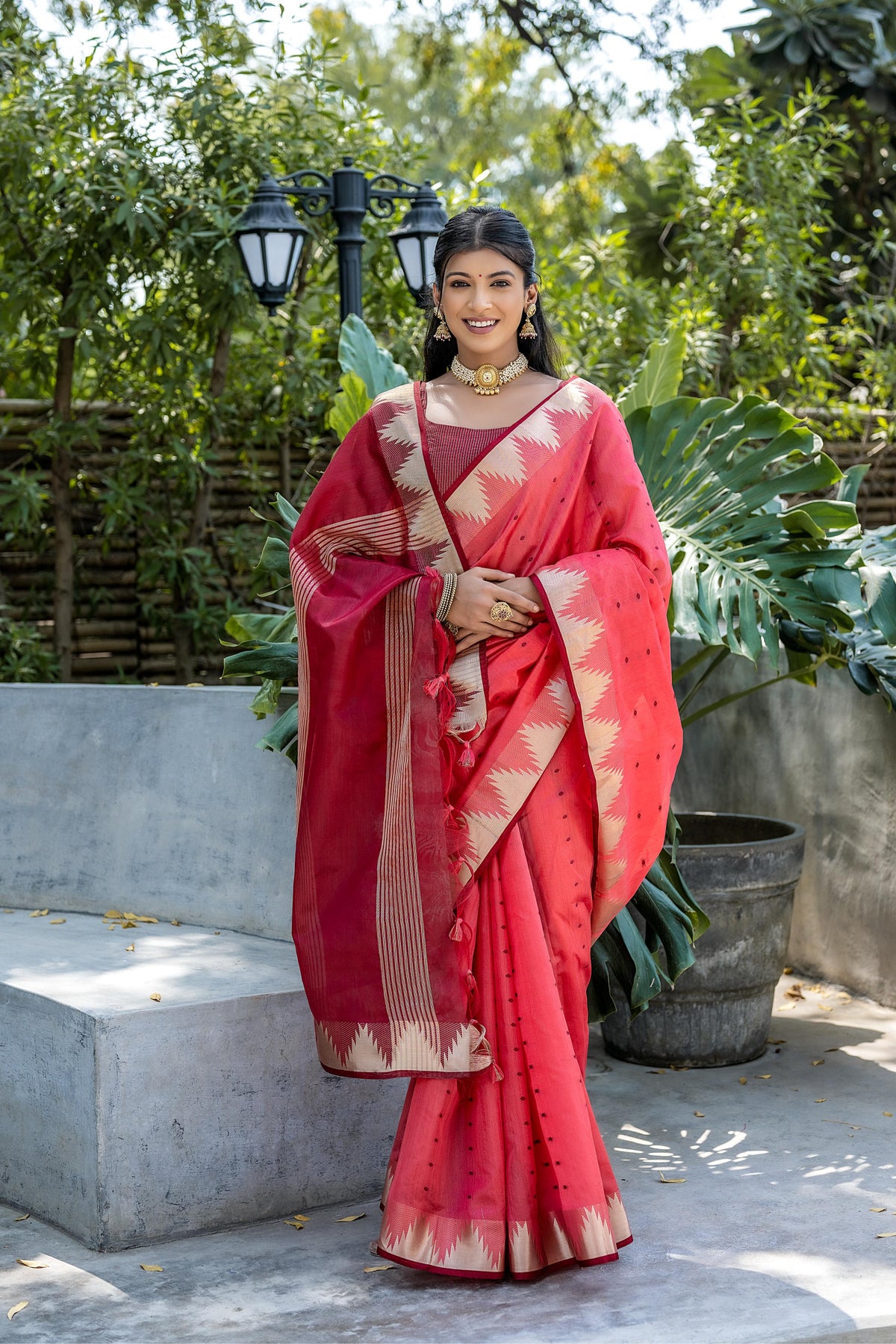 Red Semi Tussar Silk Saree with Bandhani Butti Weaves