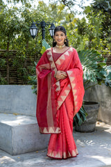 Red Semi Tussar Silk Saree with Bandhani Butti Weaves