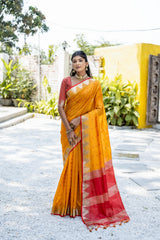 Mustard Semi Tussar Silk Saree with Bandhani Butti Weaves