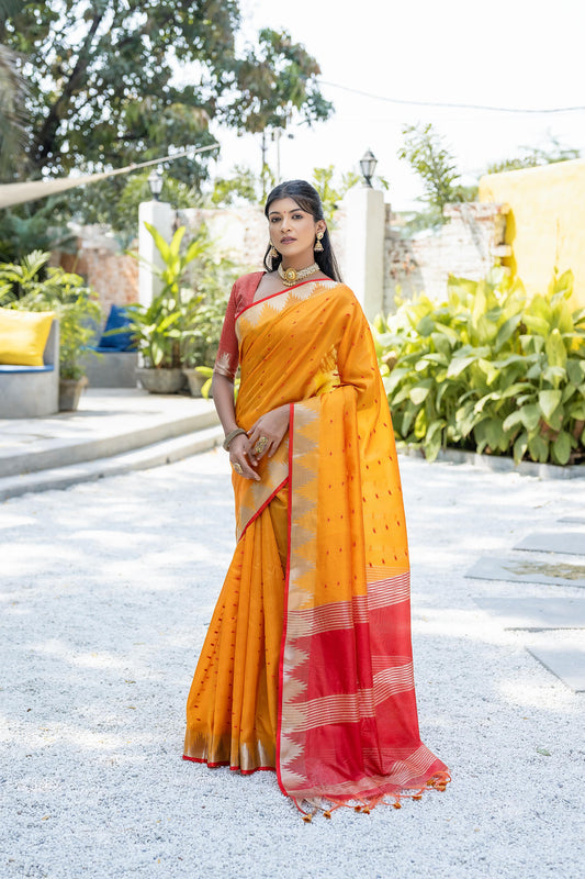 Mustard Semi Tussar Silk Saree with Bandhani Butti Weaves