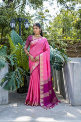 Pink Semi Tussar Silk Saree with Bandhani Butti Weaves