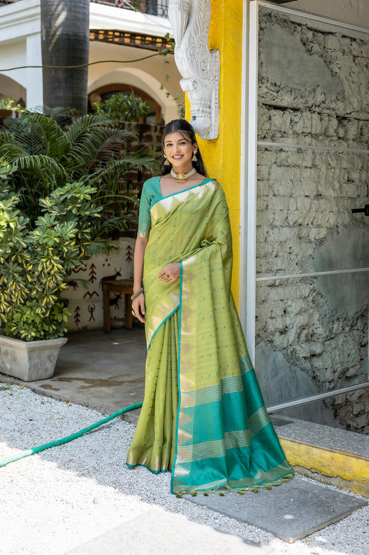 Pista Semi Tussar Silk Saree with Bandhani Butti Weaves