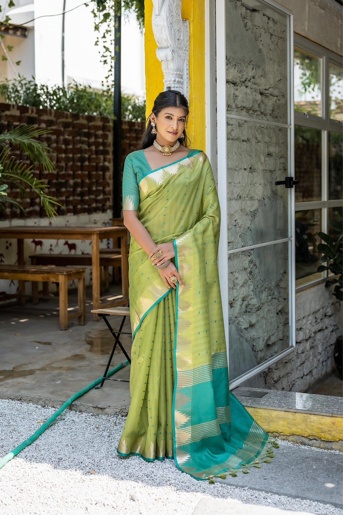 Pista Semi Tussar Silk Saree with Bandhani Butti Weaves