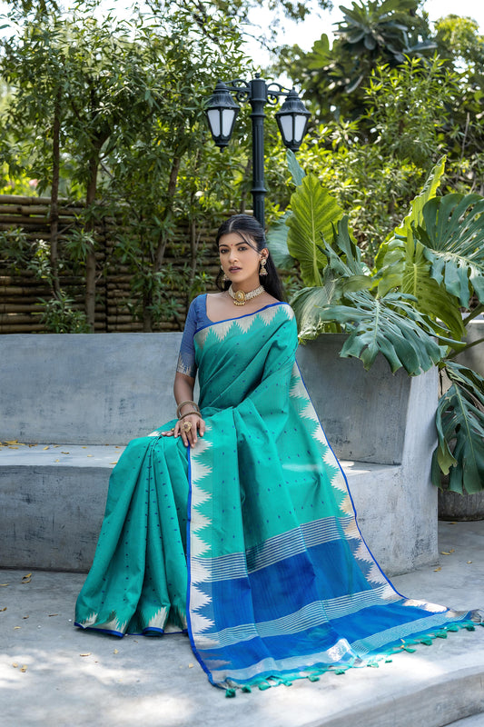 Rama Semi Tussar Silk Saree with Bandhani Butti Weaves